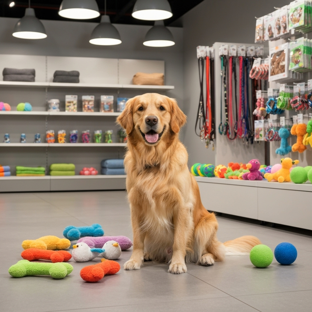 Cachorro feliz na pet shop